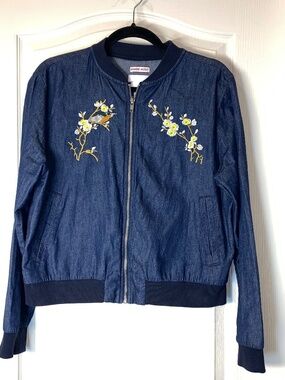 Embroidered Cotton Bomber Jacket Floral Bird Japanese Style Blue XL Statement